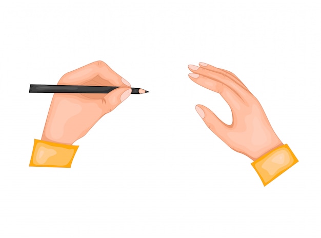 Congratulations on the international day of lefties. illustration of two hands. in the left hand, a pen or pencil. isolated on a white background.