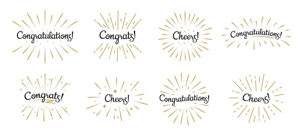 Vector congratulations lettering. congrats label, cheers celebration and congratulation text badges with golden burst