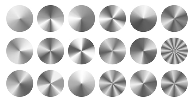 Conical metal gradients Radial metallic knob silver disc and brushed steel circles vector set