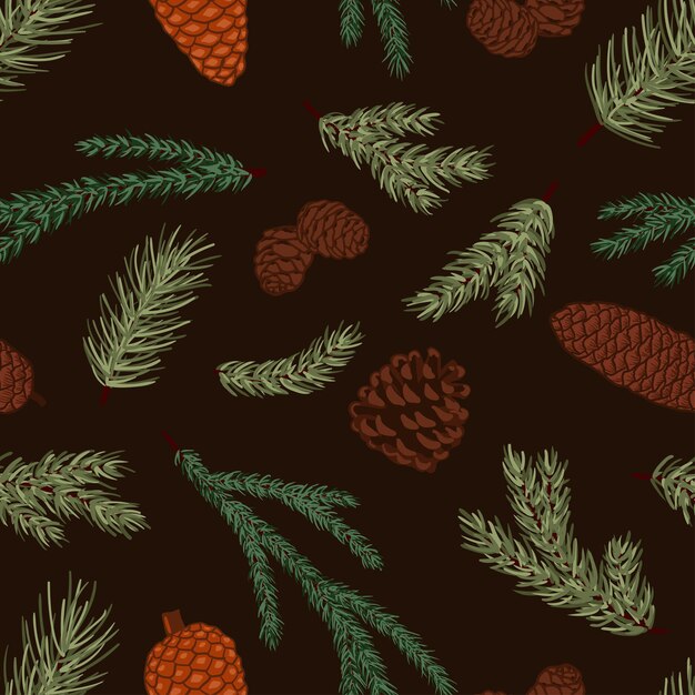 Conifer cones and branches vector seamless pattern Pine spruce cedar larch fir cones winter nature