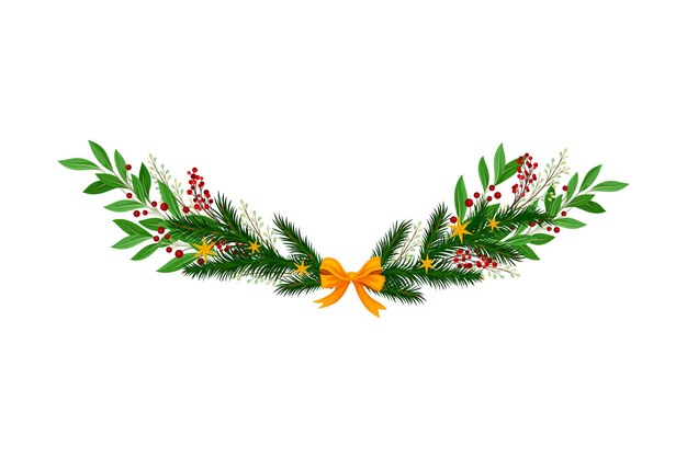 Vector coniferous branches arranged with berry twigs and bow semicircular vector illustration