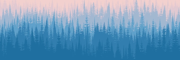 Coniferous forest in the morning haze seamless border