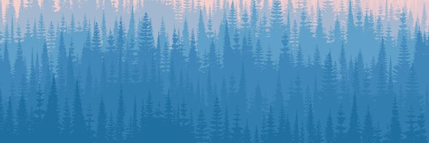 Vector coniferous forest in the morning haze