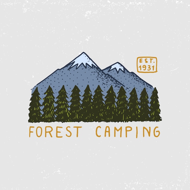 Coniferous forest, mountains and wooden logo. camping and wild nature. landscapes with pine trees and hills. emblem or badge, tent tourist, travel for labels. engraved hand drawn in old vintage sketch