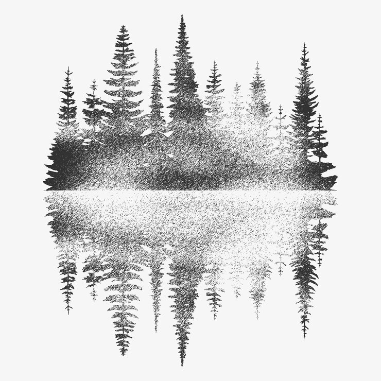 Vector coniferous forest reflected in water black and white landscape
