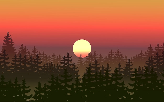 Vettore paesaggio di scena di tramonto della siluetta della foresta di conifere