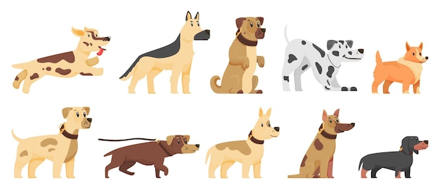 Conjunto de cães bonitos de animais de estimação estáticos e em estilo de desenho animado de ação