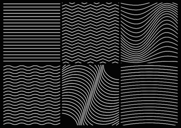 Vector conjunto de patrones de lineas y ondas blancas sobre fondo negro