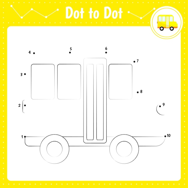 Connect the dots Bus School Dot to dot educational game Coloring book for preschool kids activity worksheet