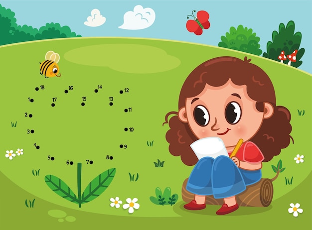 Connect dots by numbers Children educational game Meadow theme with a cute girl