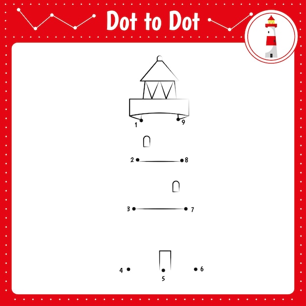 Connect the dots Dot to dot educational game Coloring book for preschool kids activity worksheet Vector Illustration Lighthouse