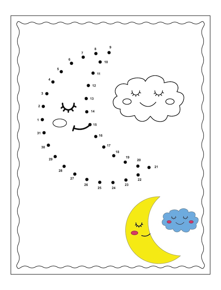 Connect The Dots and Draw Cute Cartoon Moon Educational Game for Kids Vector Illustration