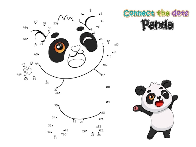 Соедините точки и нарисуйте милую мультяшную панду. Развивающая игра для детей. Векторная иллюстрация с мультяшными персонажами животных.
