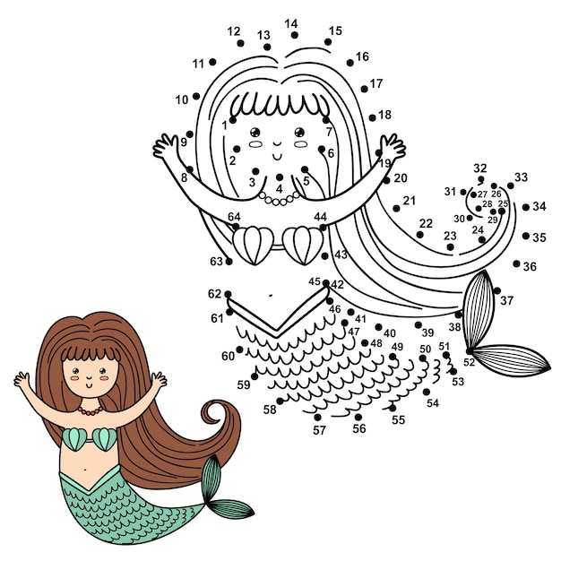 Connect the dots to draw the cute mermaid and color it. educational numbers and coloring game for children.   illustration