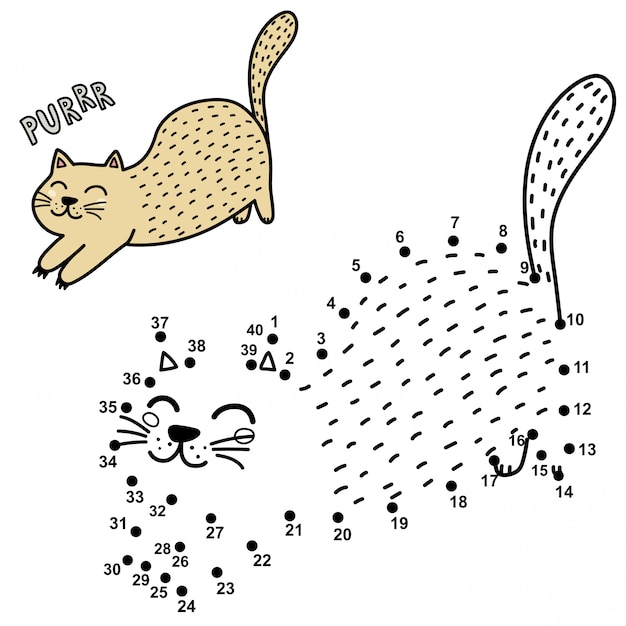 Connect the dots and draw a cute purring cat. numbers game for children