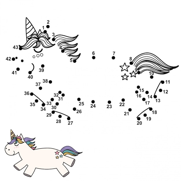 Connect the dots and draw a cute unicorn. Numbers game for children.  illustration