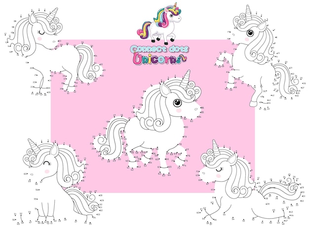 Vettore unisci i puntini e disegna un simpatico set di cartoni animati con unicorni. gioco educativo per bambini. illustrazione vettoriale animale felice