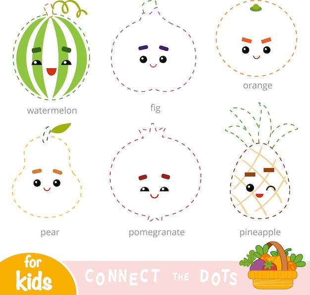 Connect the dots education game for children Set of cartoon cute fruits