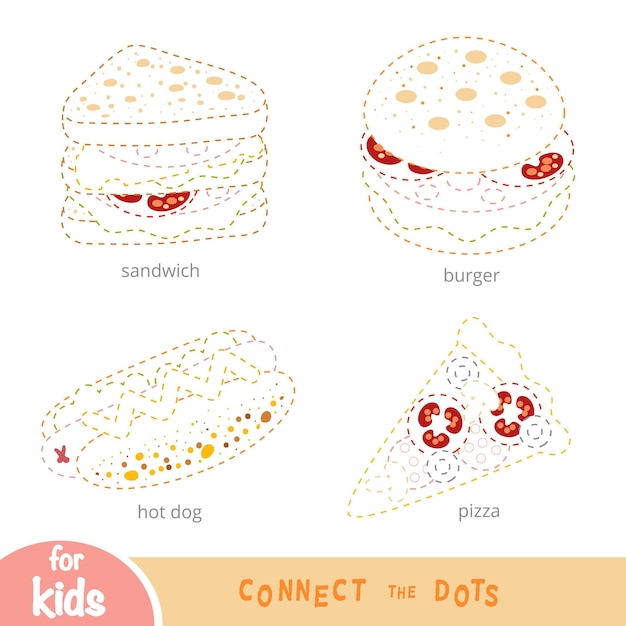 子供向けのドットを接続する教育ゲーム、食品セット、バーガー、ホットドッグ、ピザ、サンドイッチ