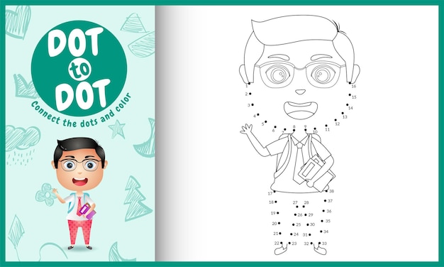 Connect the dots kids game and coloring page with a cute boy student character illustration