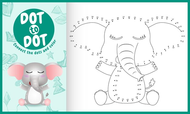 Connect the dots kids game and coloring page with a cute elephant character  