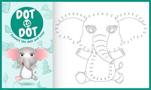 Connect the dots kids game and coloring page with a cute elephant