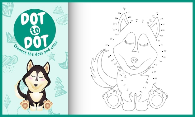 Connect the dots kids game and coloring page with a cute husky dog character