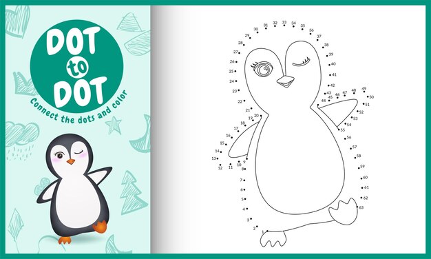 Connect the dots kids game and coloring page with a cute penguin character illustration