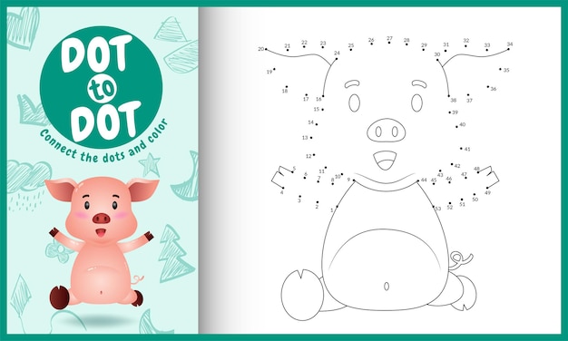 Connect the dots kids game and coloring page with a cute pig
