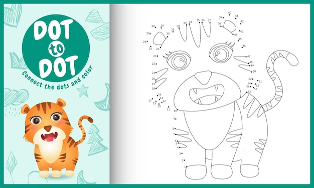 Connect the dots kids game and coloring page with a cute tiger