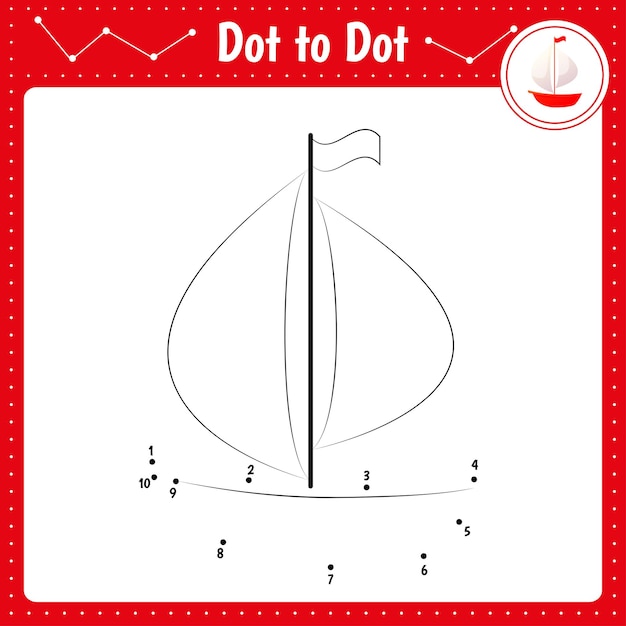 Соедините точки Sailboat Ocean Dot to dot образовательная игра Книжка-раскраска для детей дошкольного возраста Рабочий лист Vector Illustration