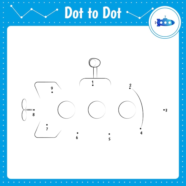 Connect the dots Submarine Dot to dot educational game Coloring book for preschool kids activity worksheet Vector Illustration