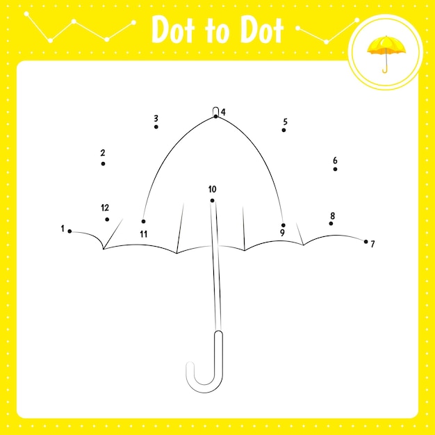 Соедините точки Umbrella Dot to dot образовательная игра Книжка-раскраска для детей дошкольного возраста Рабочий лист Векторная иллюстрация