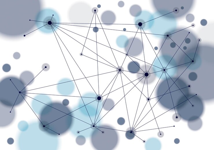 Vector connected 3d mesh technology and science background. with blurred defocused round lights texture. vector abstract virtual particles structure.