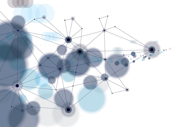 연결된 3d 메쉬 기술과 과학 배경. 흐리게 defocused 라운드 조명 텍스처. 벡터 추상 가상 입자 구조입니다.