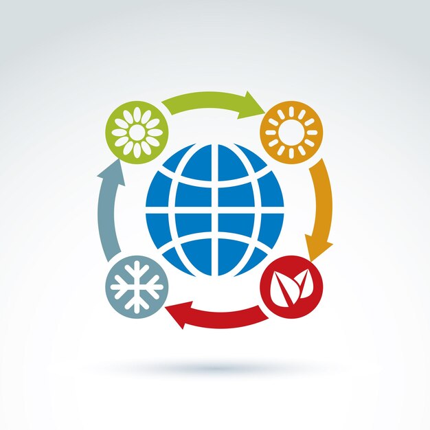 Connected circles with season pictograms placed around the planet - flower, sun, snowflake and leaves, conceptual circulation sign, ecosystem symbol.  winter, spring, summer, fall.