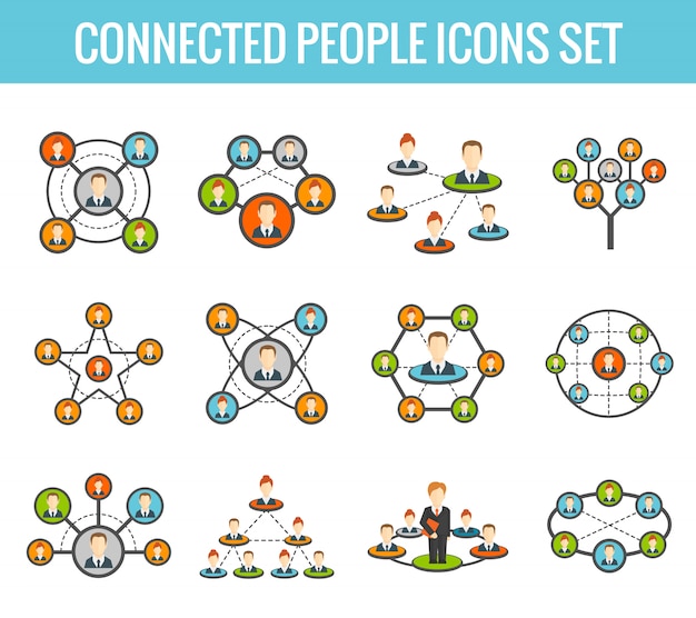 Connected people flat icons set