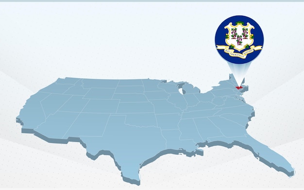 Connecticut state map on United States of America map in perspective