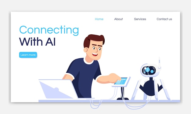 Connecting with AI landing page vector template. Programming robot website interface idea with flat illustrations. Robotics courses homepage layout. Cybernetics web banner, webpage cartoon concept