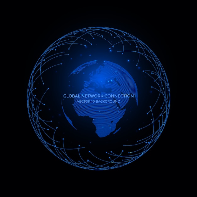 Linee di connessione intorno al globo terrestre sullo sfondo, tecnologia della comunicazione per le attività su internet.