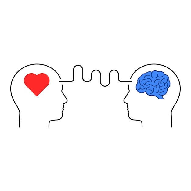 Connection of mind and heart with heads flat linear modern simple iq or bias logotype graphic design isolated on white background psychoanalysis with mentor or behavior help and emotional intellect