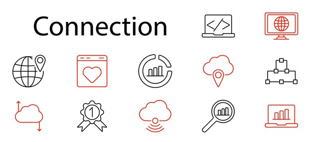 connection set icon laptop cloud graph globe wireless signal network link technology digital communication data sharing internet analysis web infrastructure server device