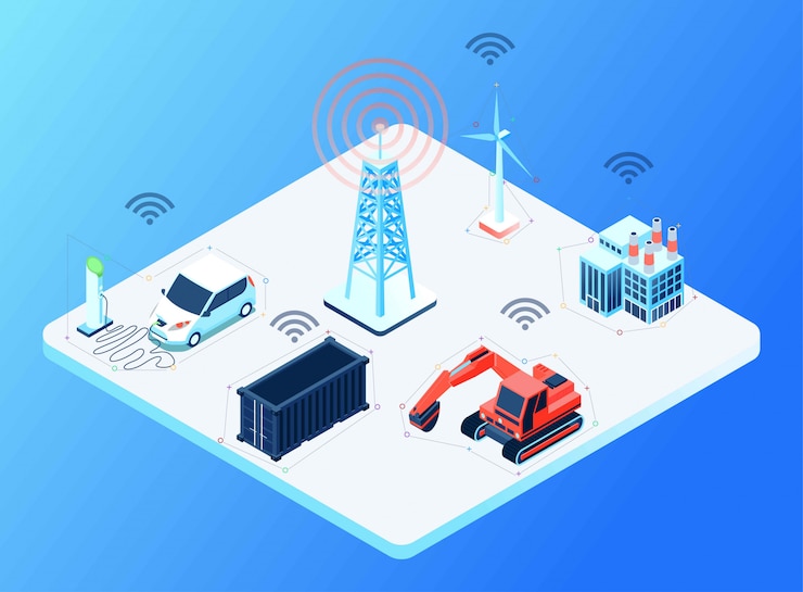 Vector connectivity between cellular tower to different devices, isometric illustration