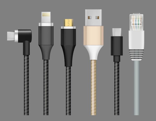 Vector connector realistic. cable plug for devices charging and connection mobile wire lightning usb type-c  set.