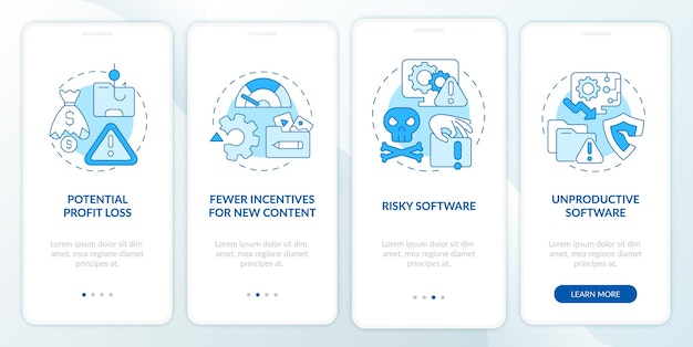 Cons of online piracy onboarding mobile app page screen. Risky program walkthrough 4 steps graphic instructions with concepts. UI, UX, GUI vector template with linear color illustrations