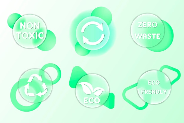 Conscious consumption icons set round vector illustration of design element for zero waste label or promo sign in glassmorphism style