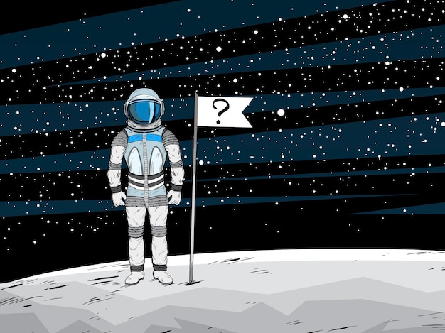 Vector conspiracy theory astronaut with unrecognizable flag on lunar surface