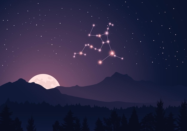 Constellation Hercules scheme, Stars in the  dark night sky, hills, forest, mountains
