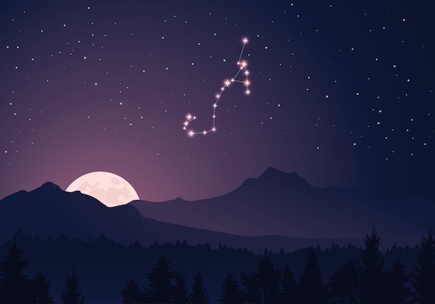 Constellation scorpio, bright moonlight, height hills, dark forest, mountain and starry sky