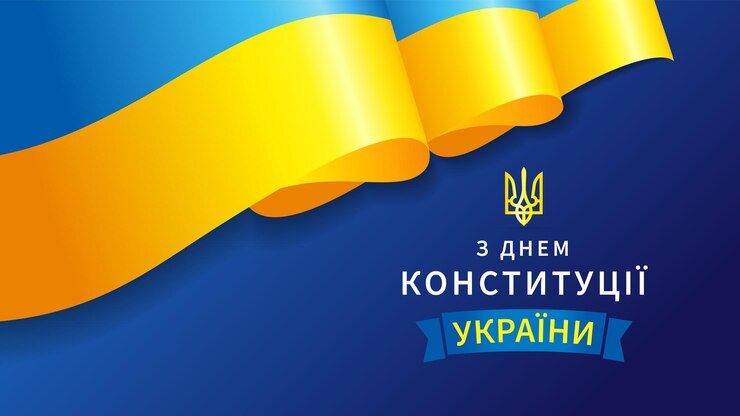 Вектор поздравления к дню конституции украины с 3d-реалистическим флагом на синем фоне